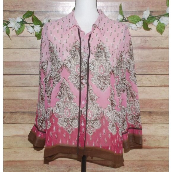 Pretty Emma James Pink Brown Semi Sheer Blouse Size 16 Button Up Paisley Pattern - Picture 1 of 9